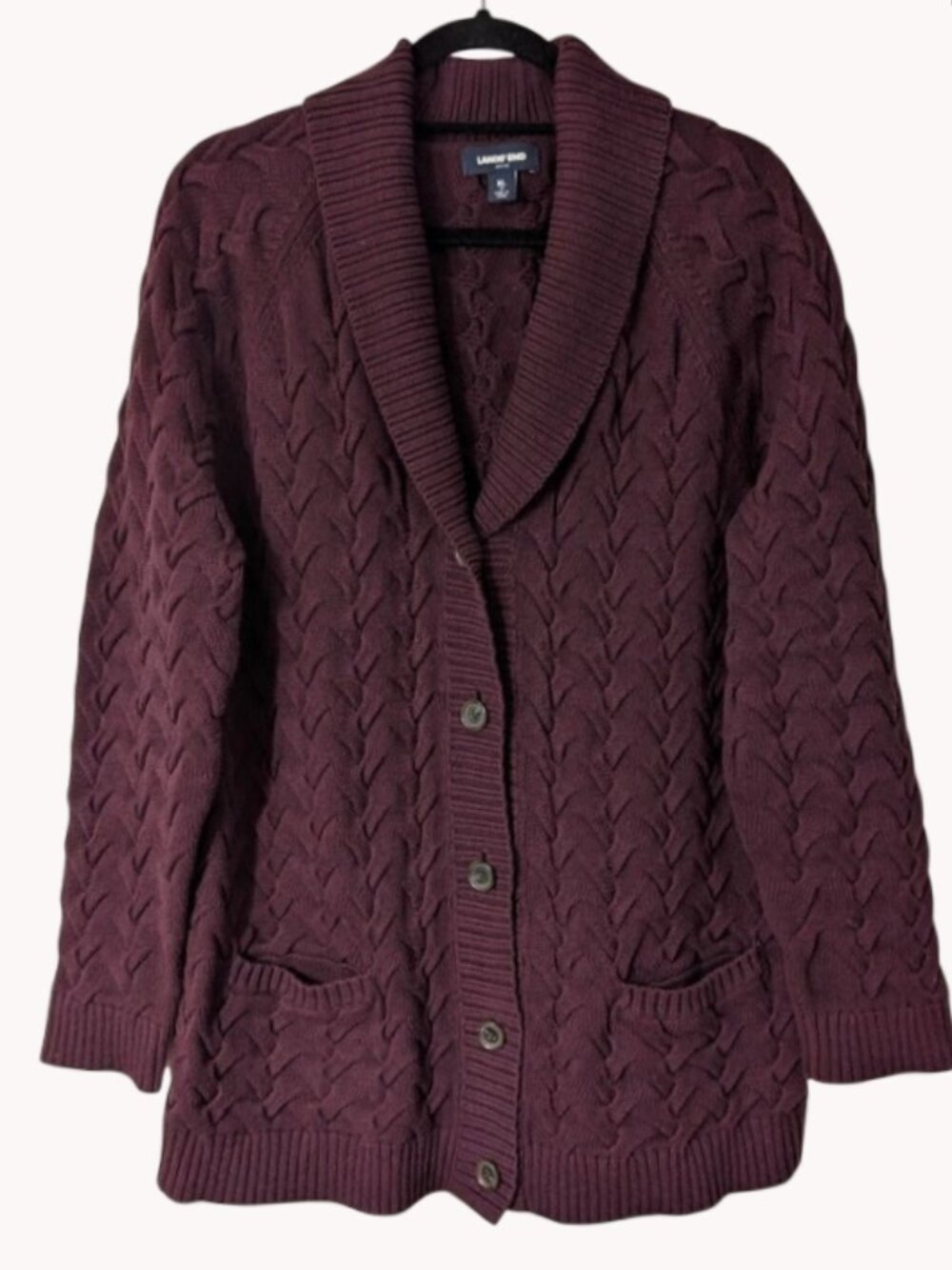 Lands' End 100% Cotton Shawl Collar Cable Knit Cardigan Sweater - Deep Plum-XL